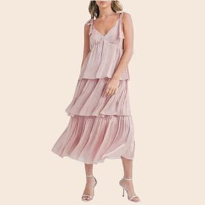 Lush Blush Pink Tie Strap Shimmer Tiered Midi Dress Size Medium